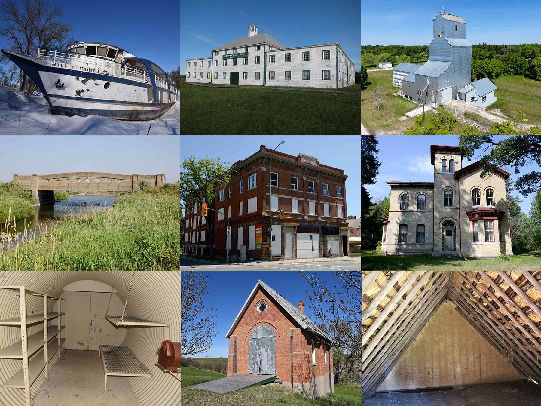 collage of endangered historical structures around manitoba